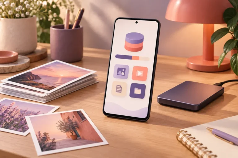 liberar espaço no Android: celular e arquivos organizados sobre uma mesa