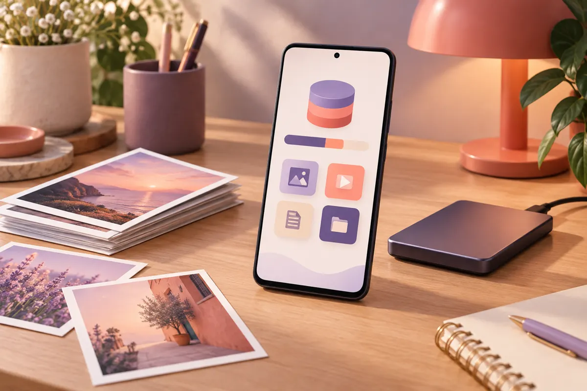 liberar espaço no Android: celular e arquivos organizados sobre uma mesa