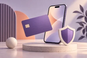 cartão virtual: ilustração de celular, cartão sem dados e escudo de proteção