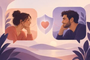 golpes em apps de namoro: ilustração de perfis, coração e escudo de proteção