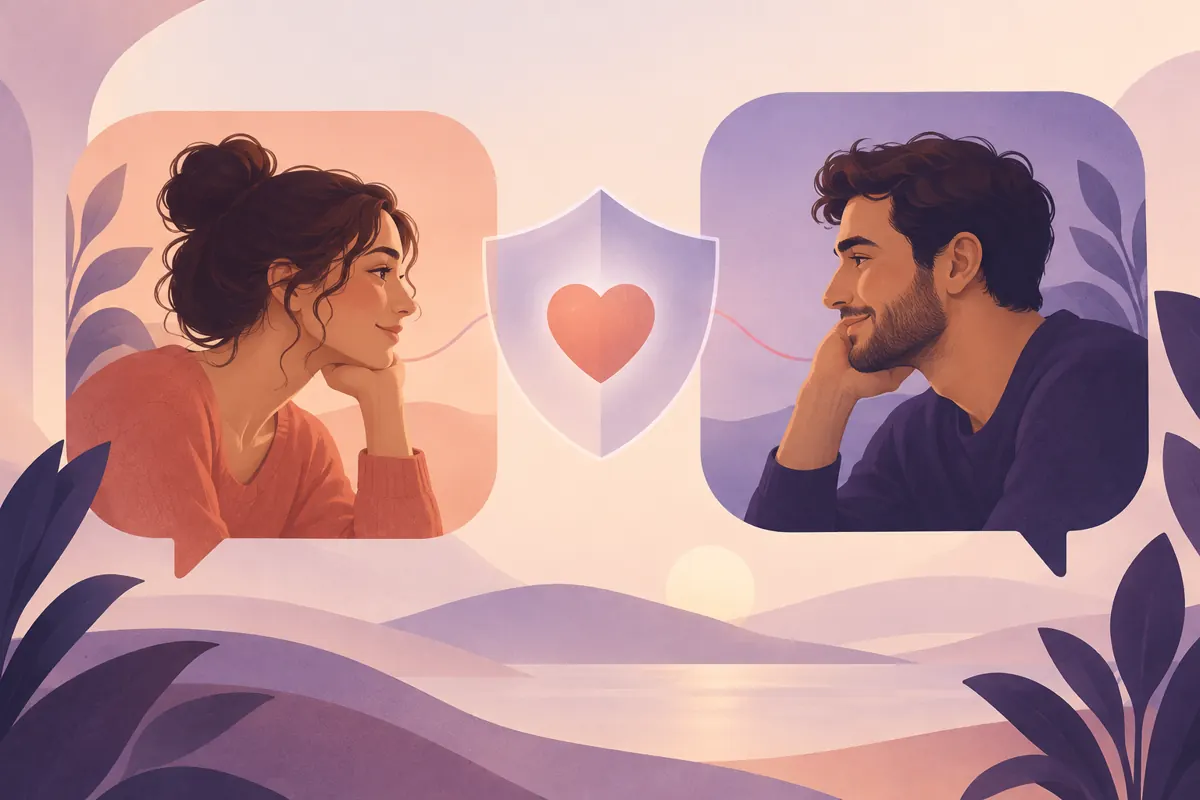 golpes em apps de namoro: ilustração de perfis, coração e escudo de proteção