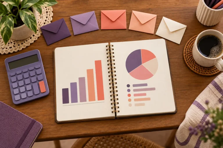 orçamento para renda variável: caderno de planejamento e envelopes sobre uma mesa